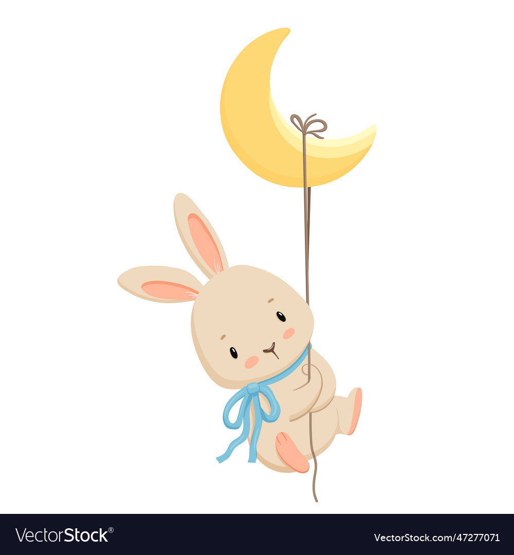 Cute bunny with bow hanging on moon lovely rabbit