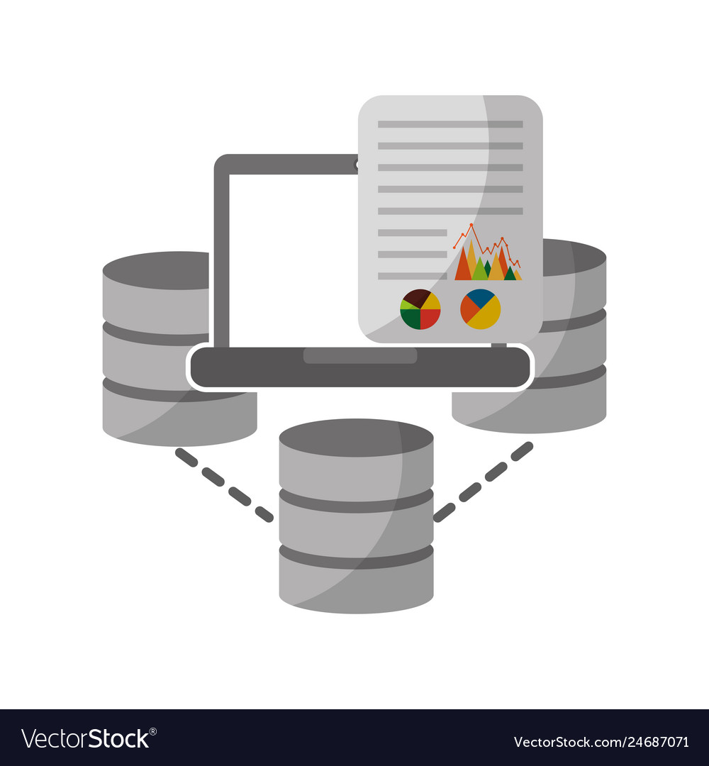 Data center disks with laptop and document vector image Data center disks with laptop and document