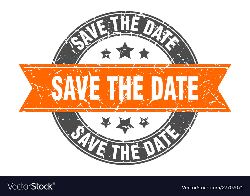 Save date round stamp with orange ribbon