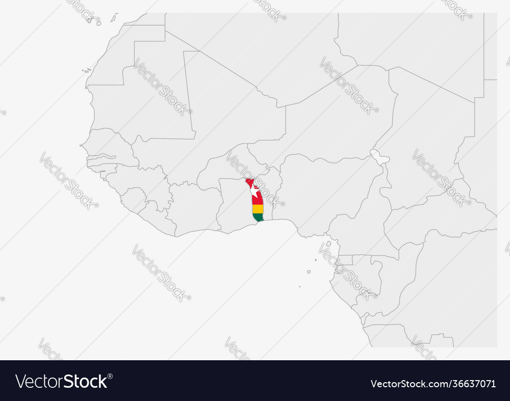 Togo map highlighted in flag colors