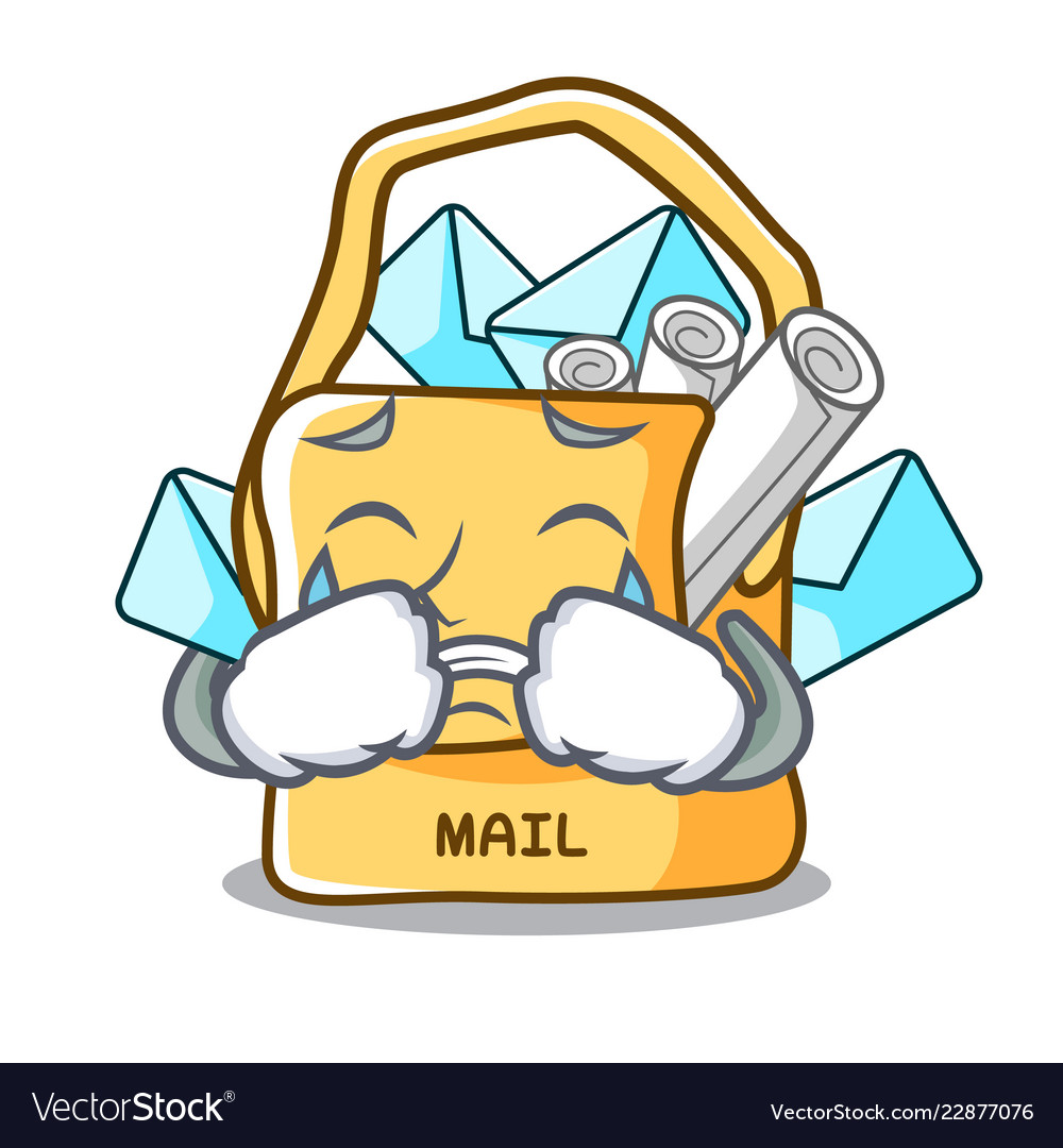 Crying mail bag character on table front