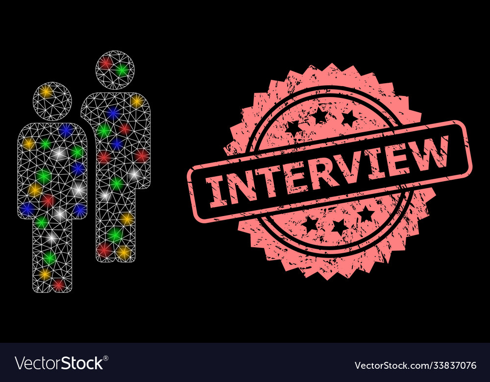 Grunge interview stamp and net men with light vector image Grunge interview stamp and net men with light