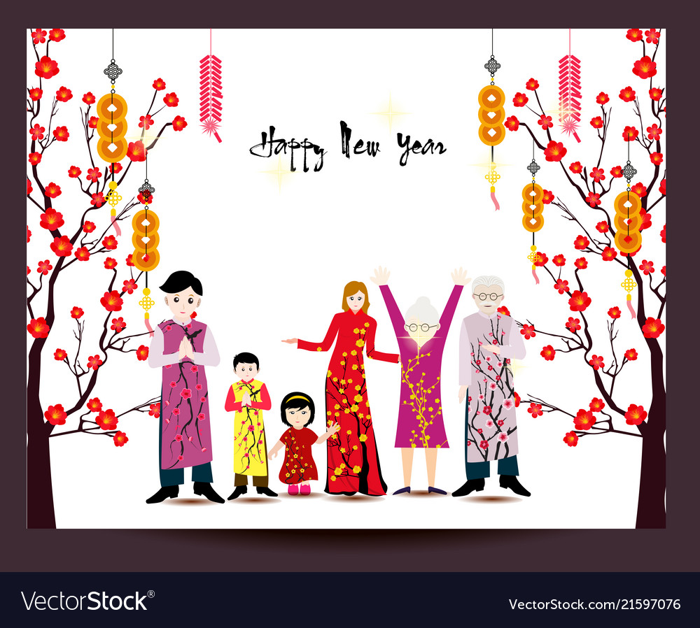 Happy chinese new year with family and long vector image Happy chinese new year with family and long