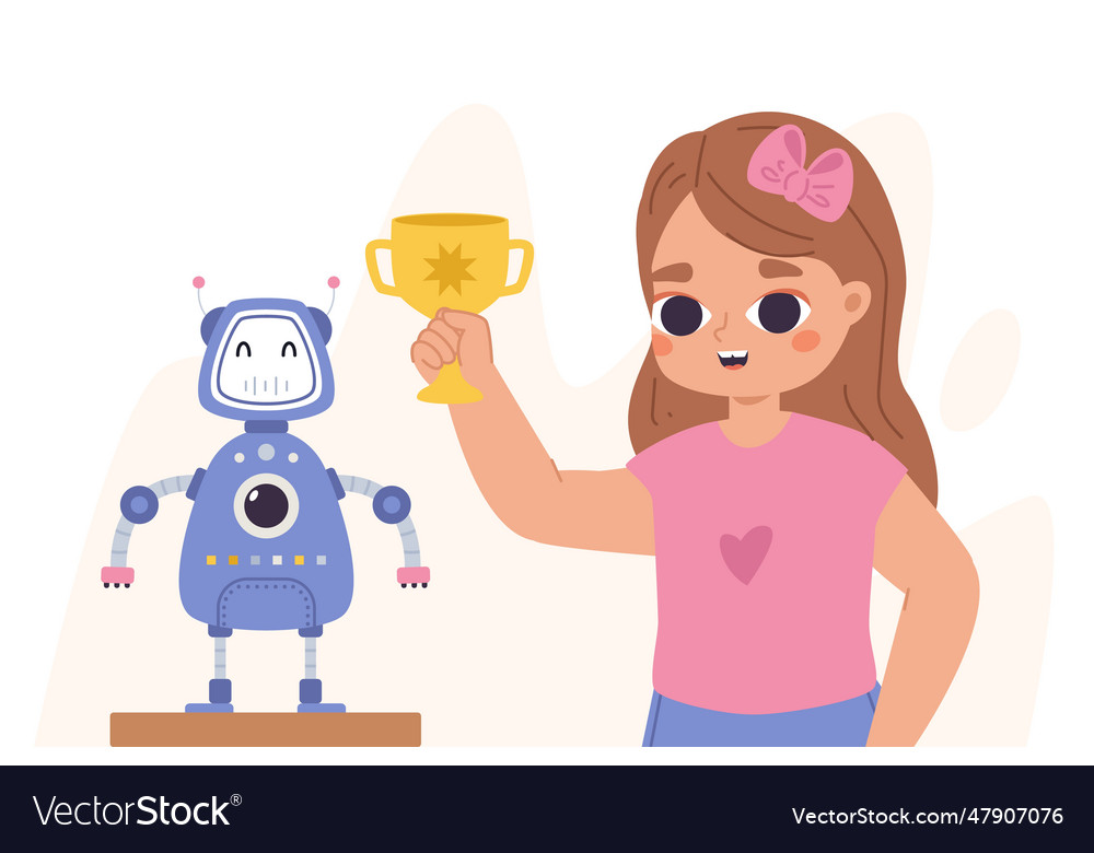 Kid programming robot on robotics competition Vector Image
