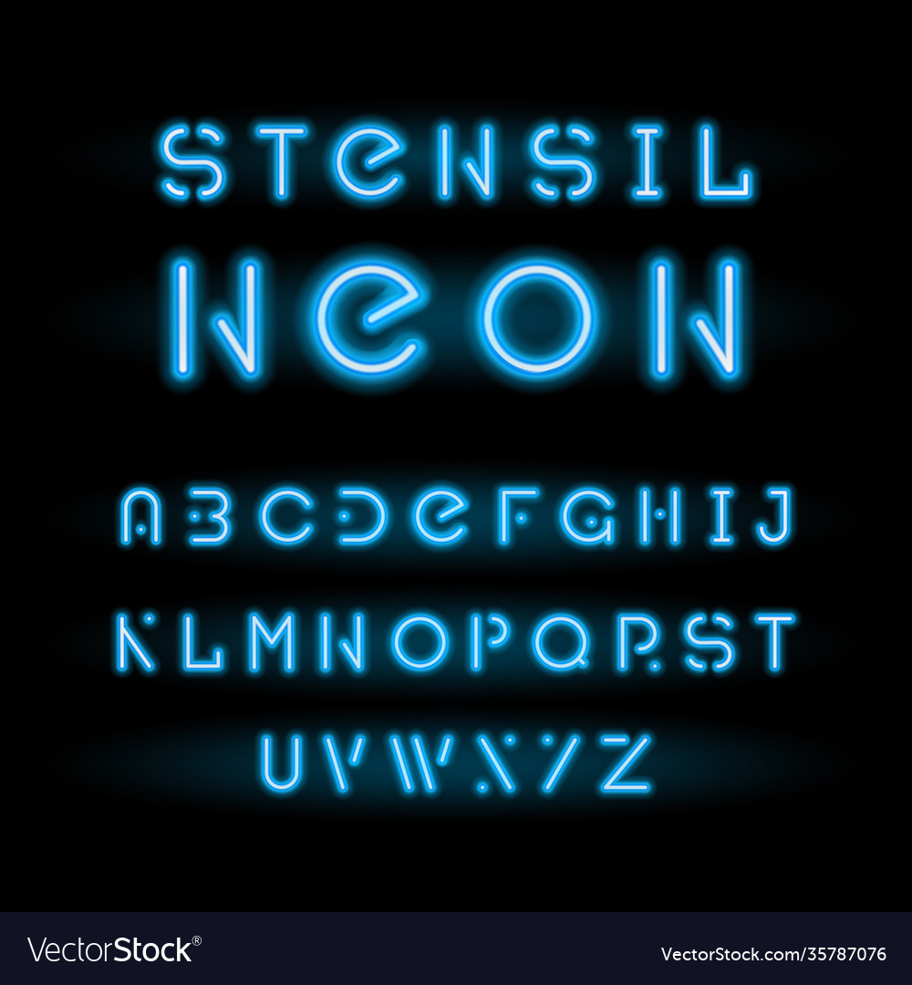 Stencil neon typeface blue modular round alphabet vector image Stencil neon typeface blue modular round alphabet