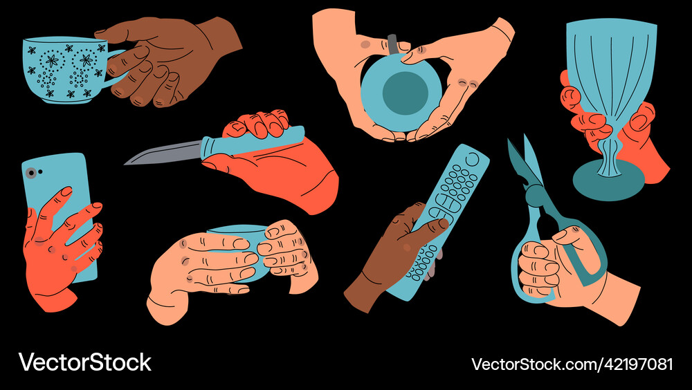 Big set of colorful hands holding stuff different Vector Image