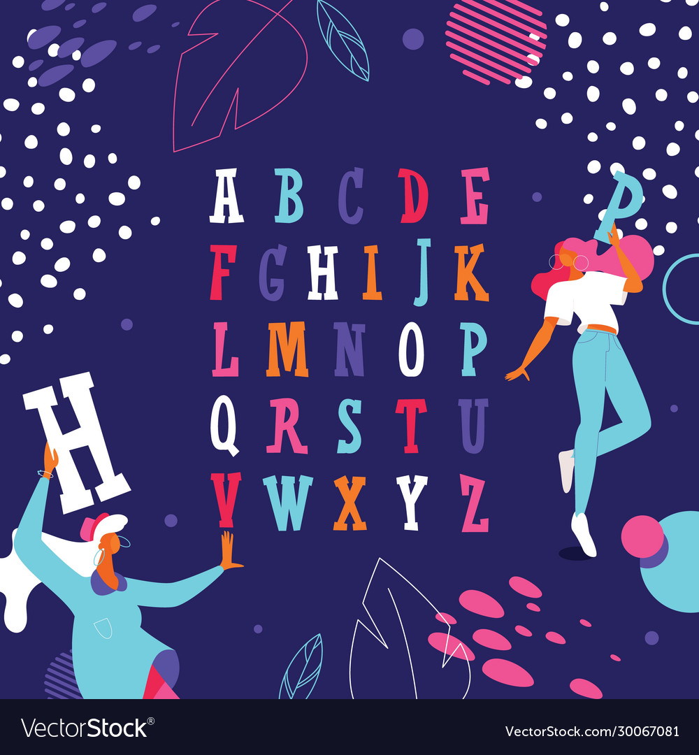 Colorful english alphabet with dancing girls