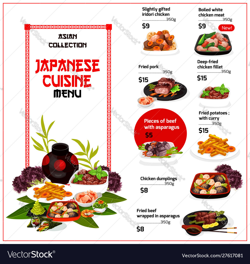 Japanese cuisine traditional meal menu Royalty Free Vector