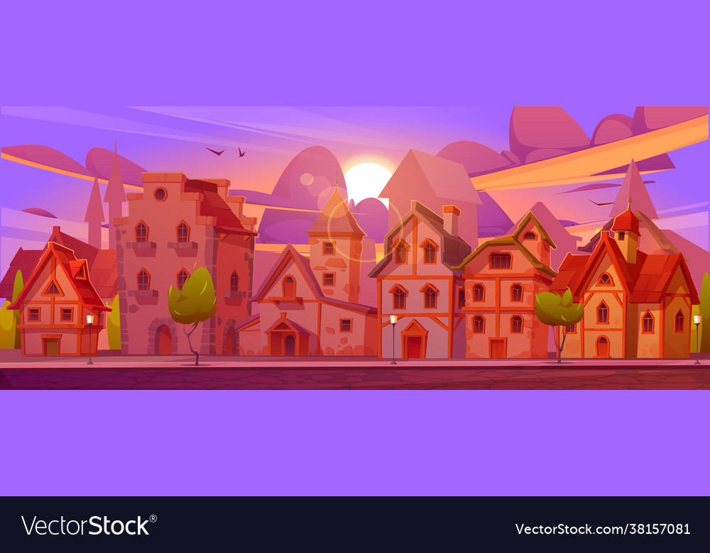 Medieval town with half-timbered houses at sunset Vector Image