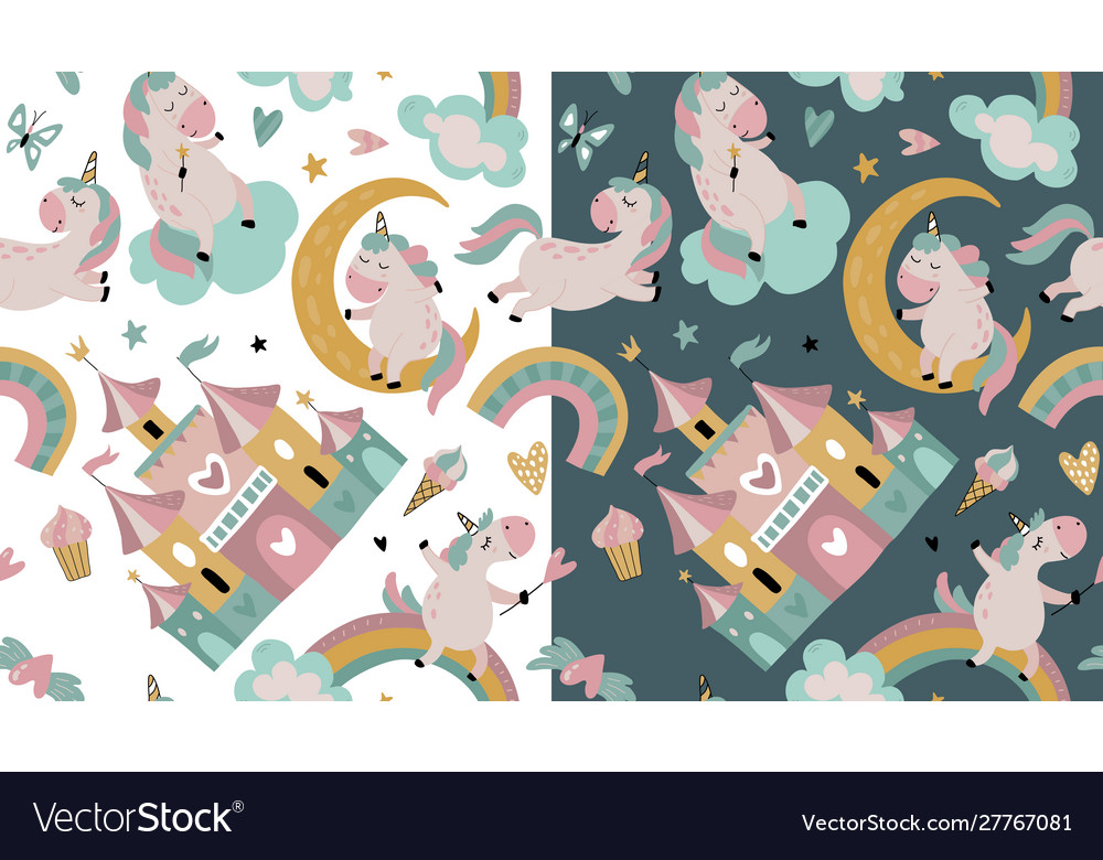 Seamless pattern with cute unicorns clouds vector image Seamless pattern with cute unicorns clouds