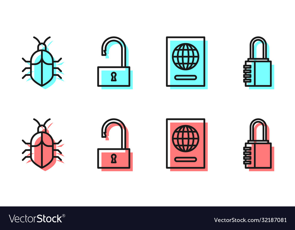Set line passport system bug concept open vector image Set line passport system bug concept open