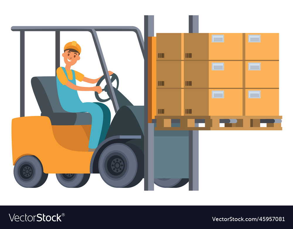 Warehouse worker riding forklift with cargo Vector Image