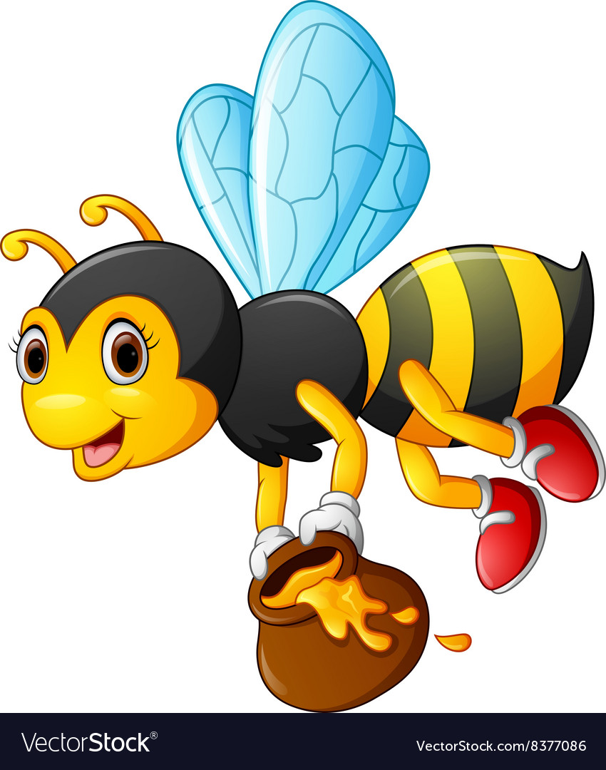 Download Flying Bee cartoon holding honey bucket Royalty Free Vector