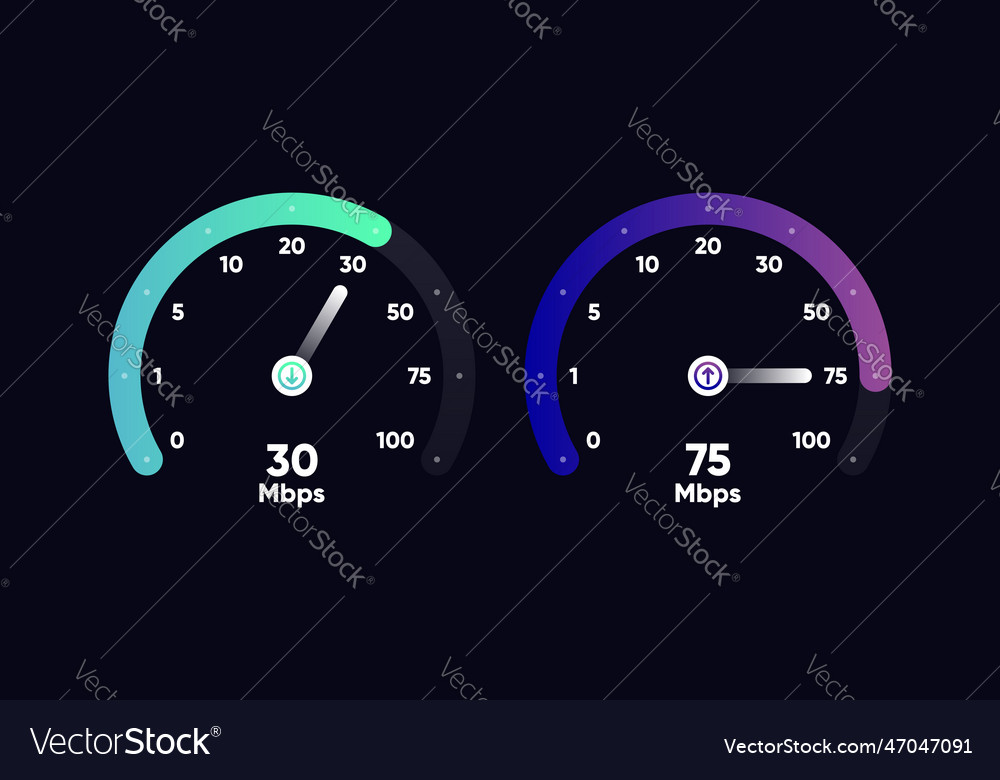 Internet download and upload speed test gauge vector image Internet download and upload speed test gauge