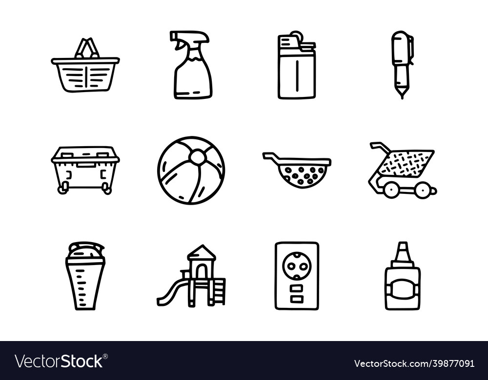 Plastic goods line doodle simple icon set