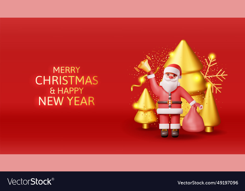 3d santa claus with bell and gold christmas tree