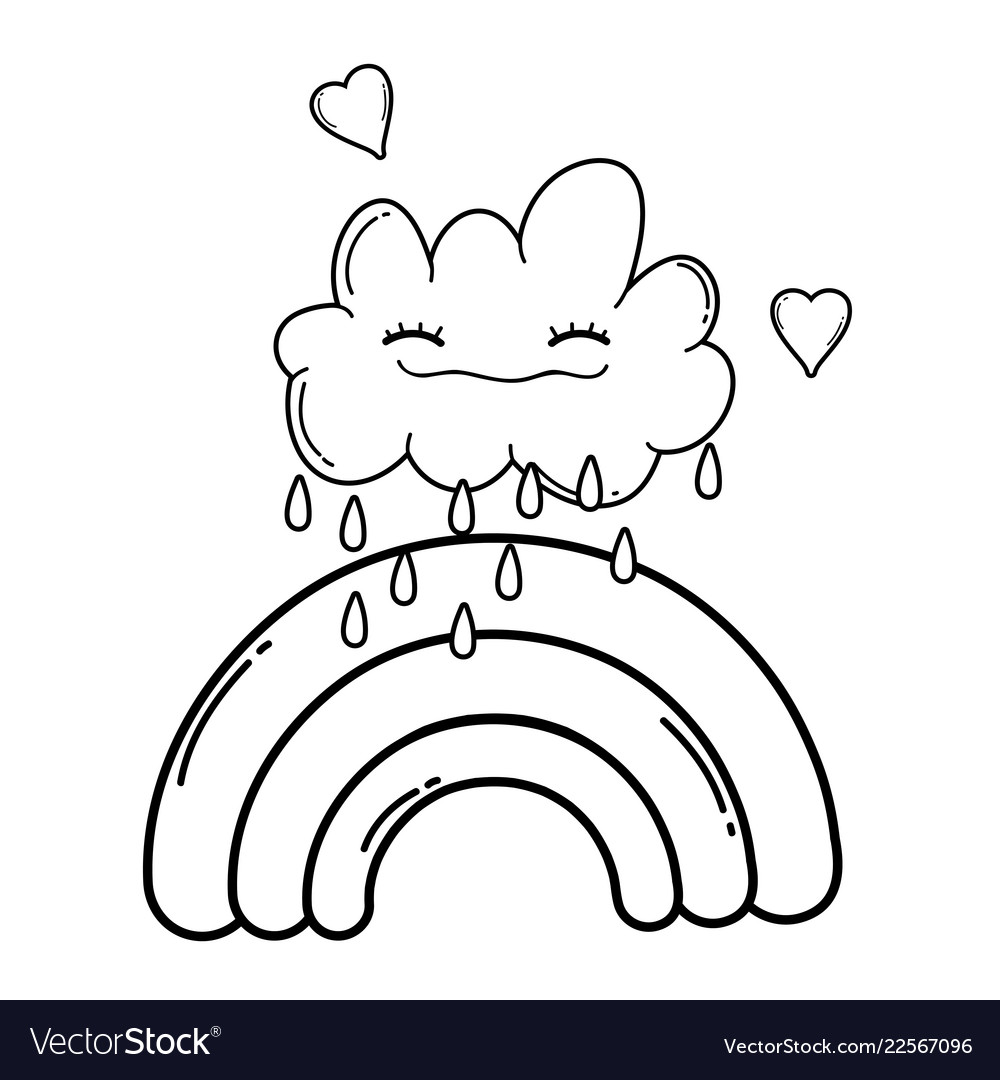 Cloud and rainbow cute cartoon in black white