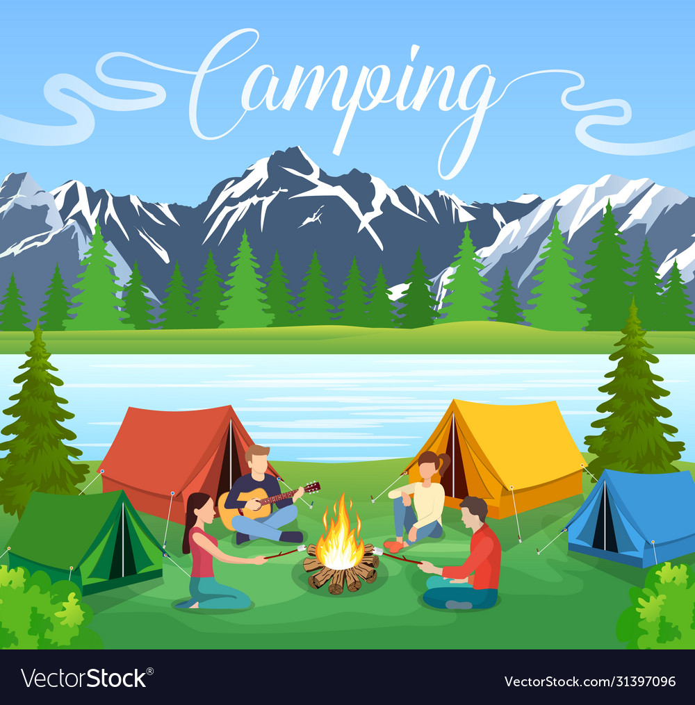 Group young people are sitting around campfire Vector Image