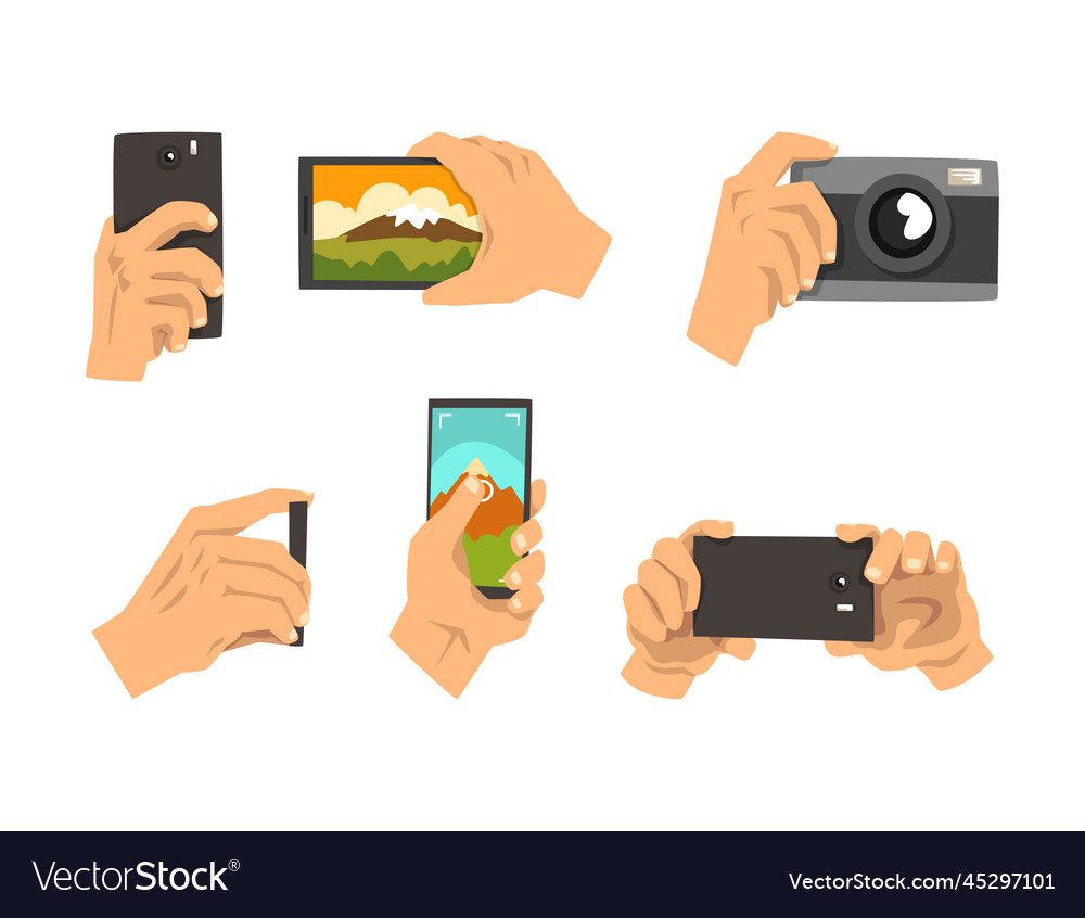 Hand with smartphone and camera taking landscape