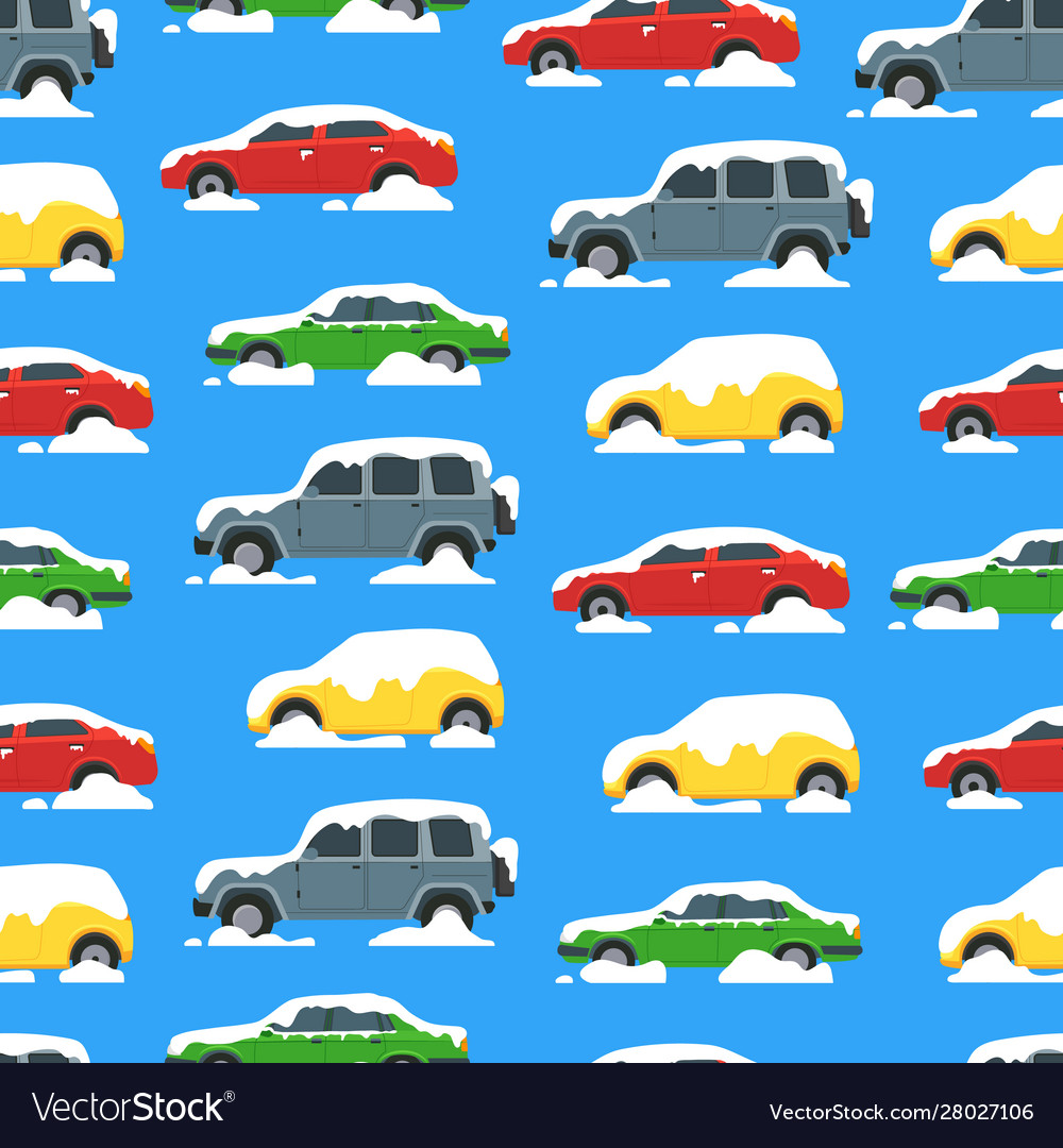 Cartoon color cars covered snow seamless pattern