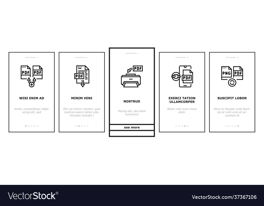 Pdf electronic file onboarding icons set vector image Pdf electronic file onboarding icons set