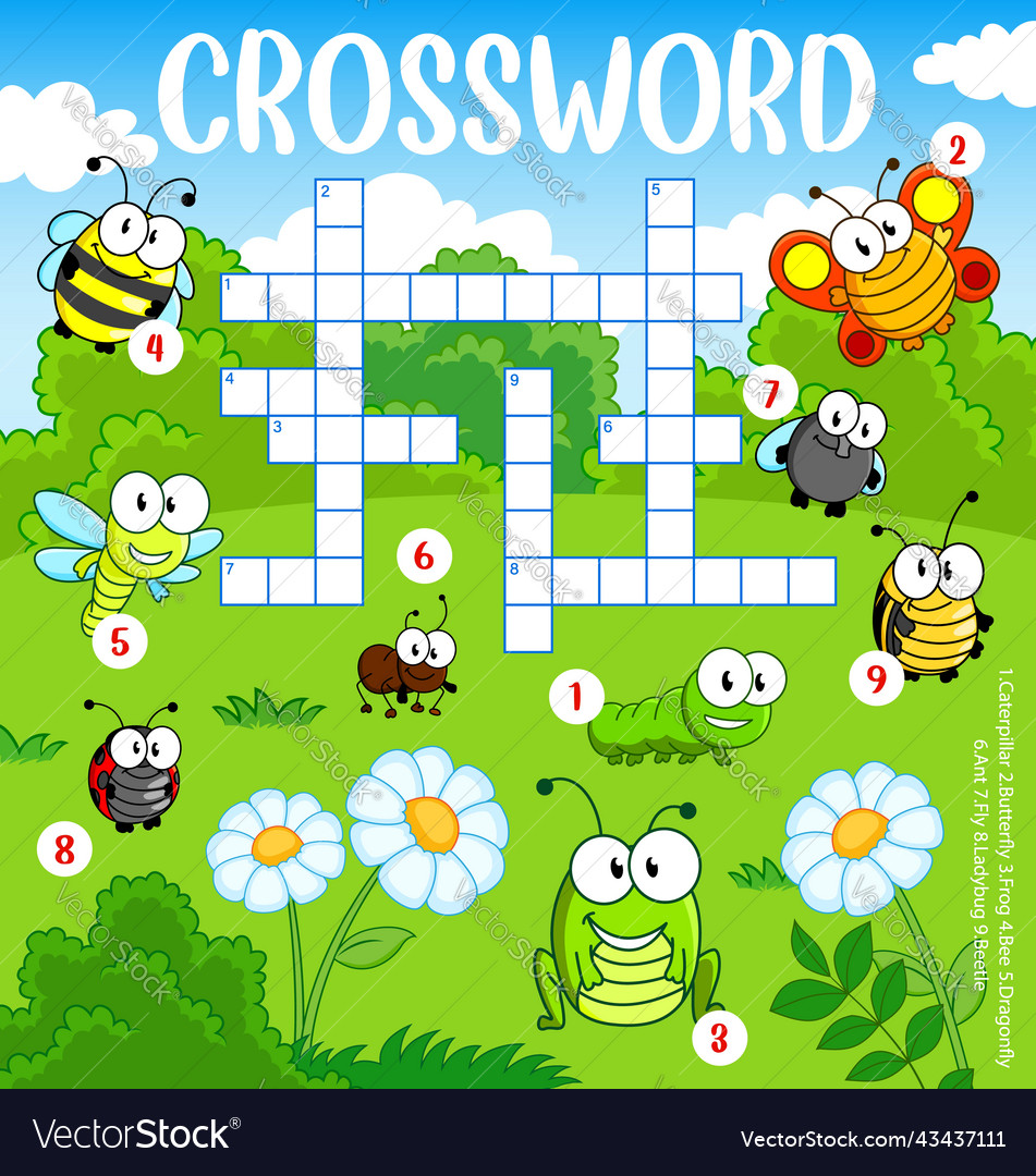 Cartoon funny insects on meadow crossword grid Vector Image