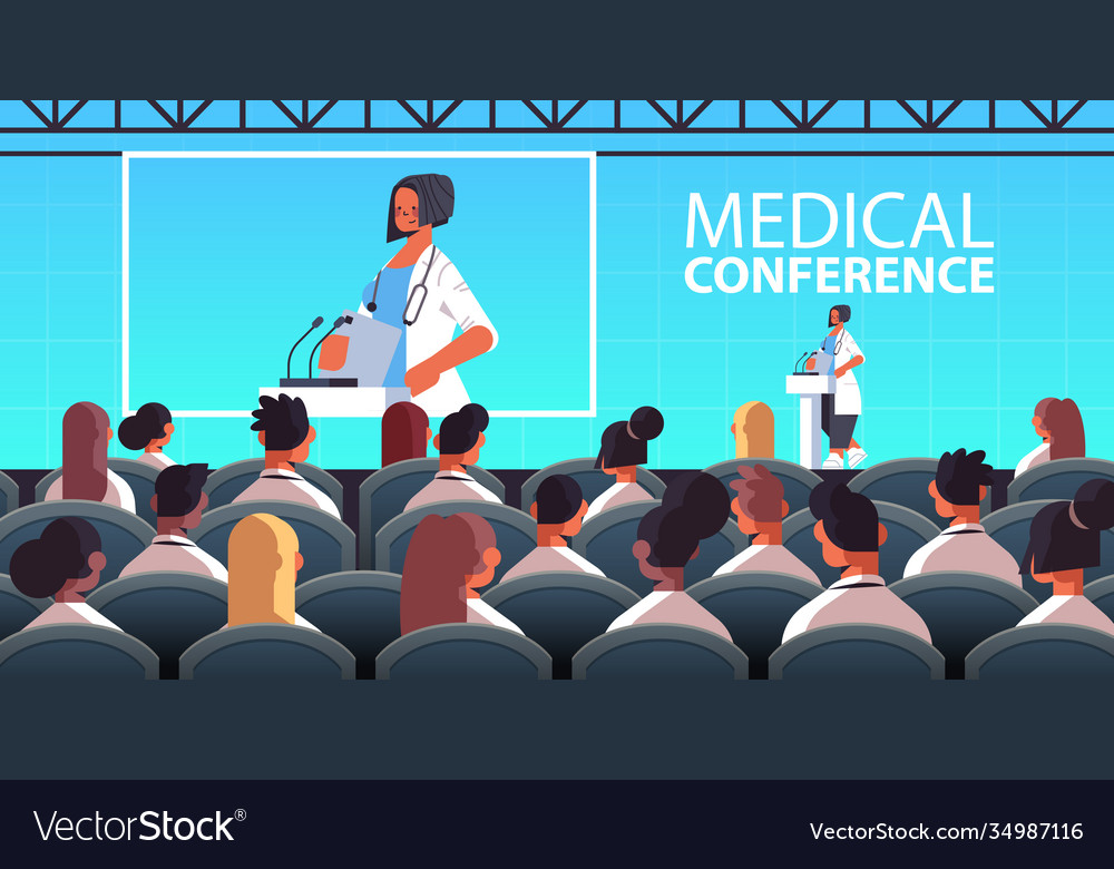 Female Doctor Giving Speech At Tribune Royalty Free Vector