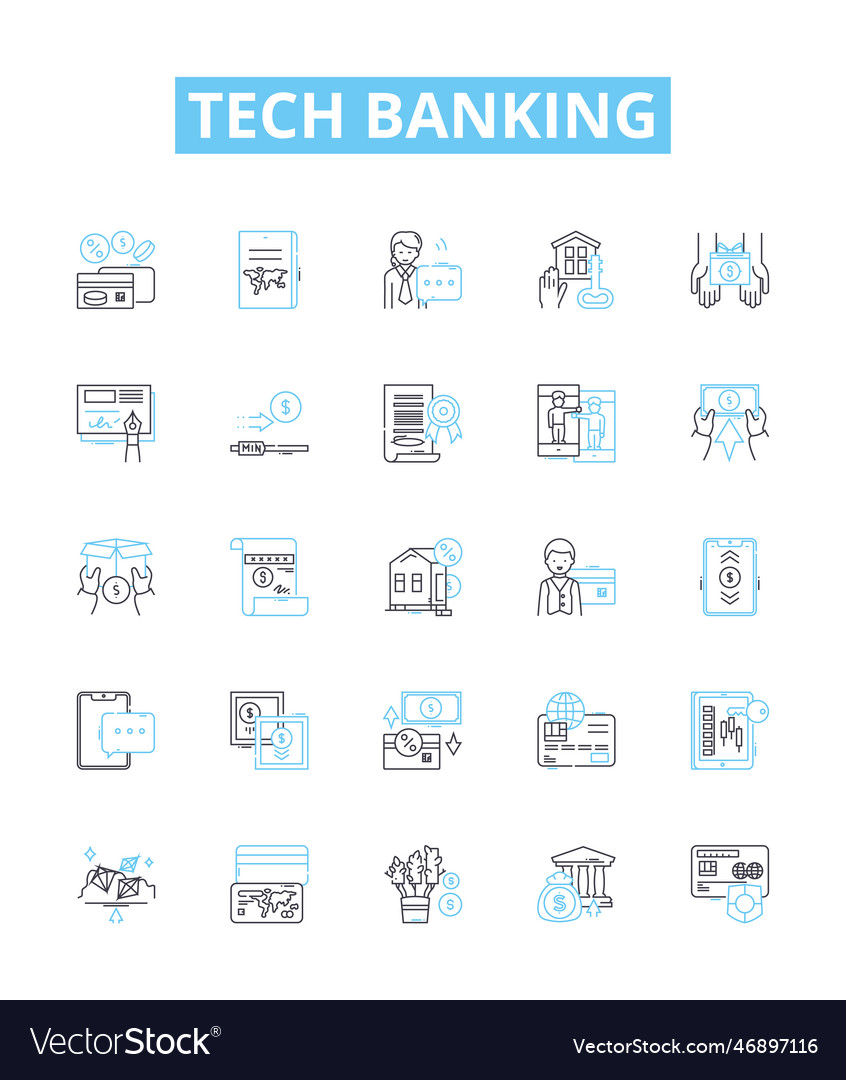 Tech banking line icons set