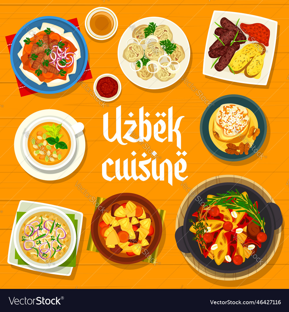 Uzbek cuisine menu cover food dishes and meals Vector Image