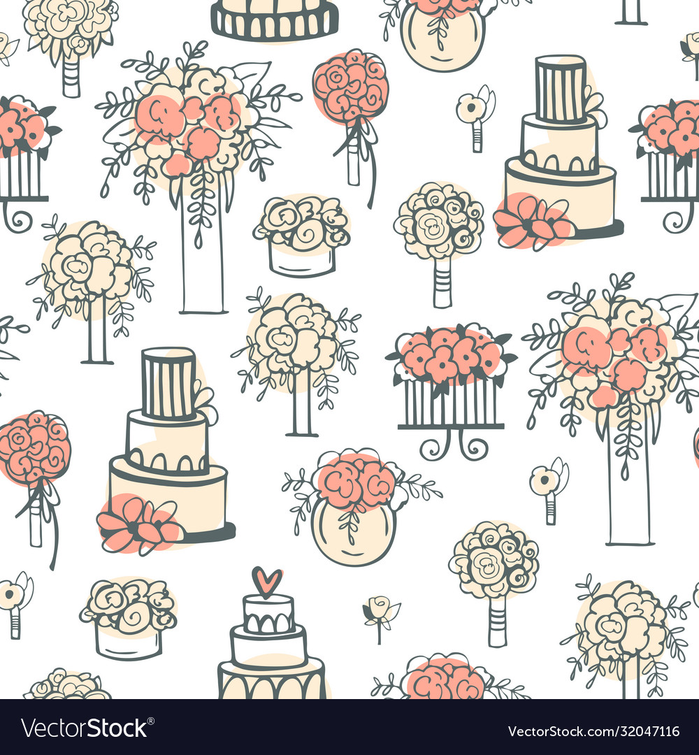 Wedding flowers and cakes seamless pattern