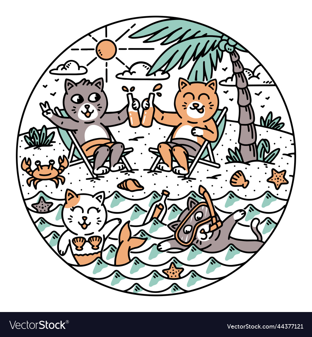 a-group-of-cats-doing-activities-on-the-beach-vector-image