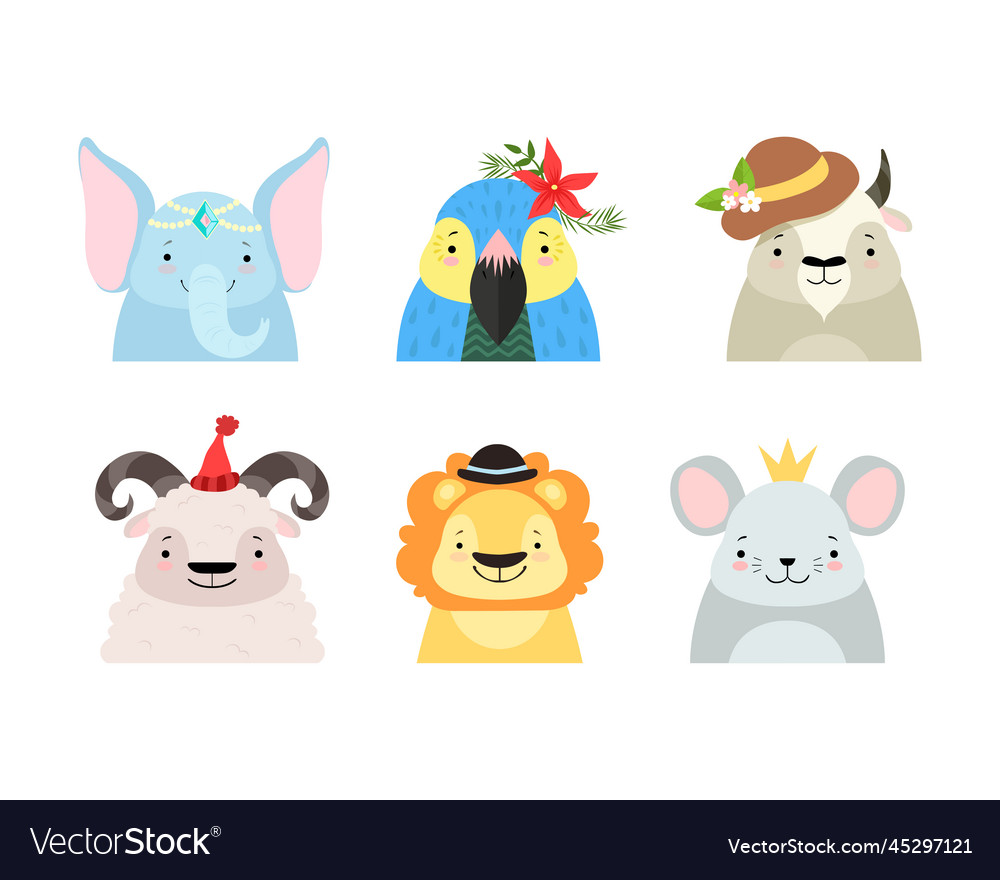 Cute baby animals with smiling snouts wearing Vector Image