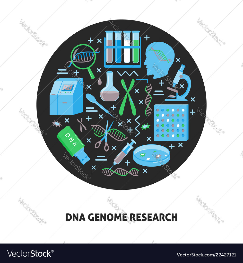 Dna genome research round concept in flat style