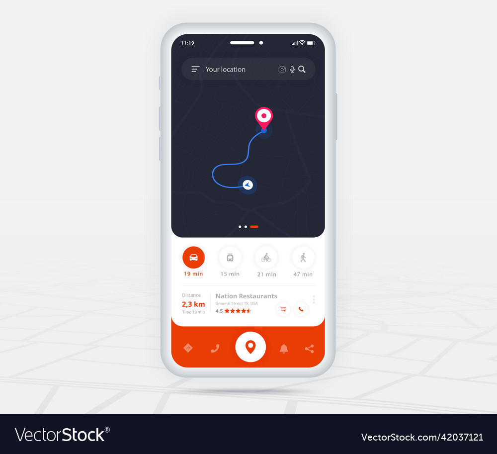 Karte gps Navigation App ux ui concept mobile vector image Karte gps Navigation App ux ui concept mobile