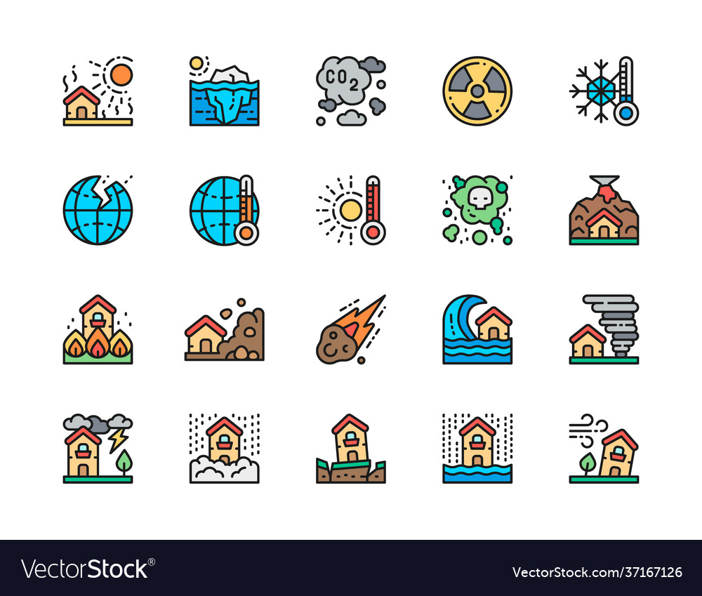 Set natural disaster flat color line icons