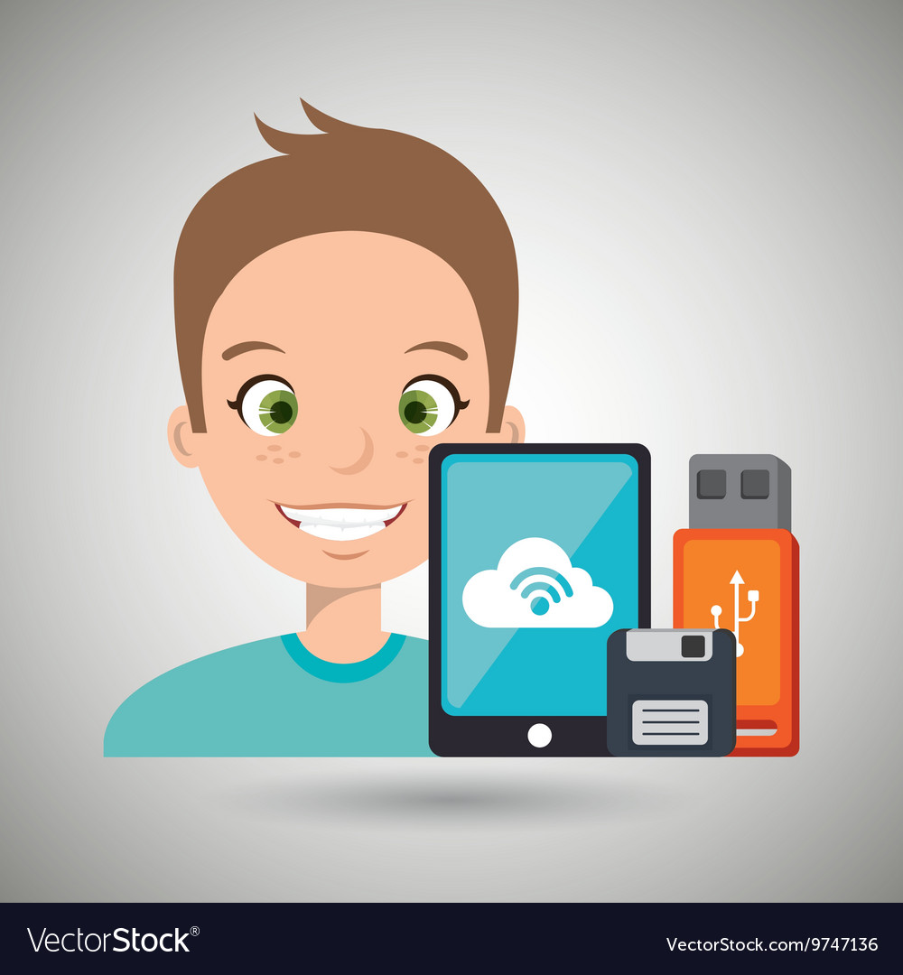 Man with smartphone and storage devices isolated