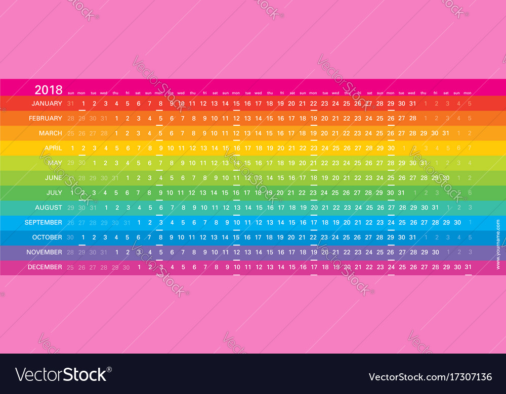 rainbow creative calendar 2018 mondays selected vector image rainbow calendar
