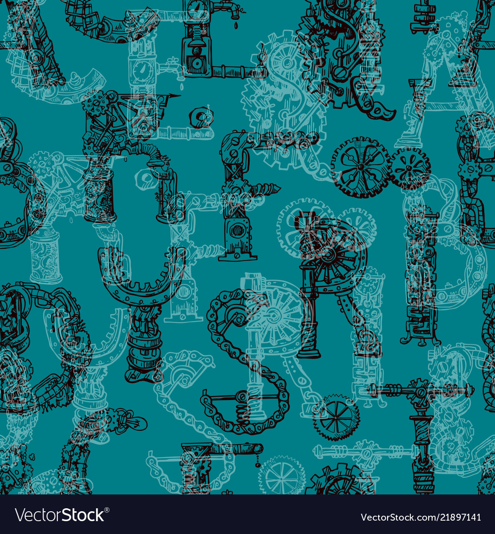 Hand drawn seamless pattern with mechanical