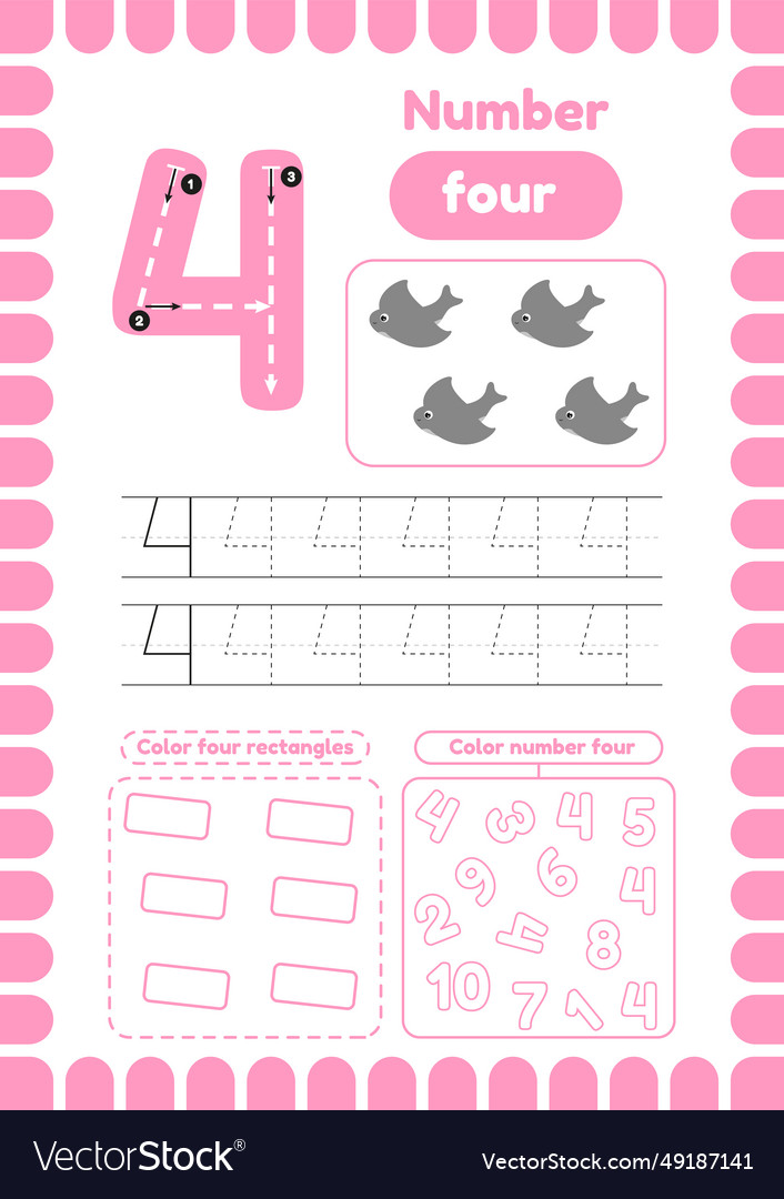 Learn number four activity page for preschool Vector Image