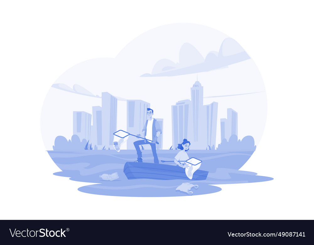 Man with a net catches floating plastic from Vector Image Man with a net catches floating plastic from