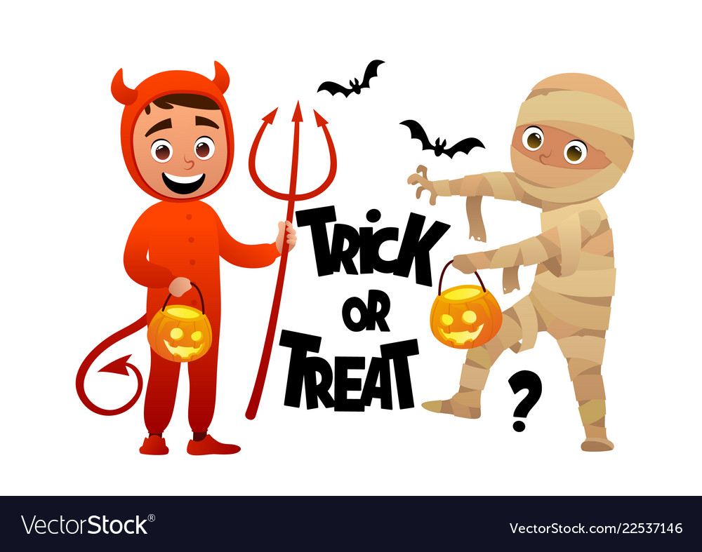 Cartoon children devil and mummy costume trick