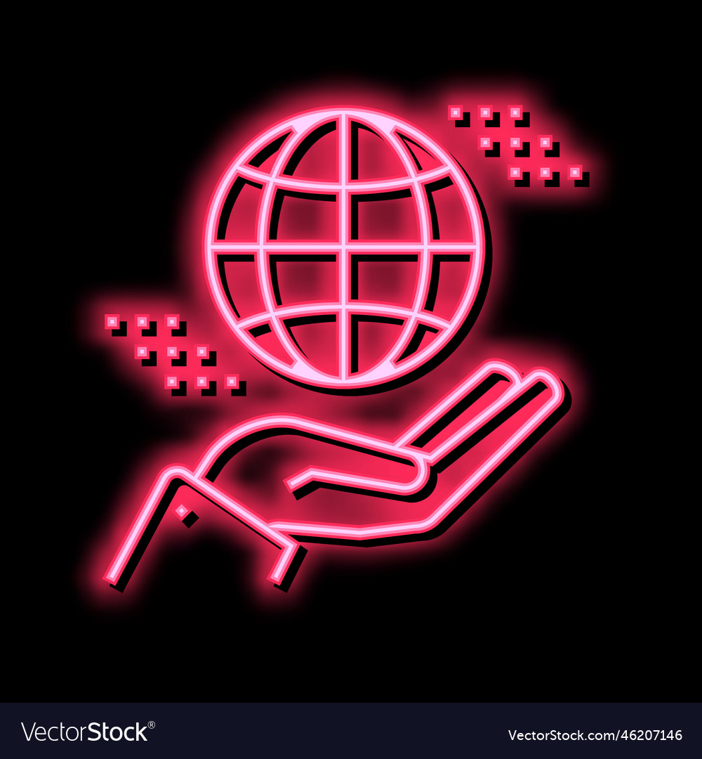 Hand holding earth sphere neon glow icon