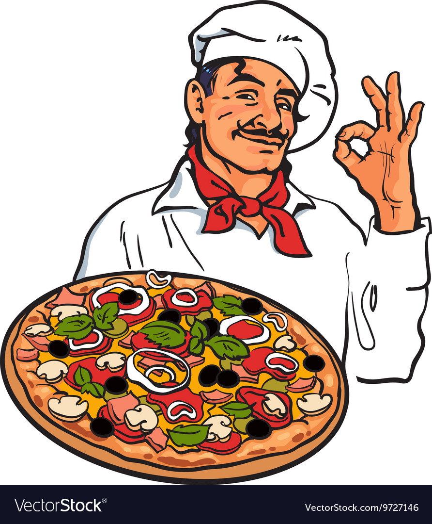 Sketch Of Smiling Italian Chef Holding Pizza Vector Image