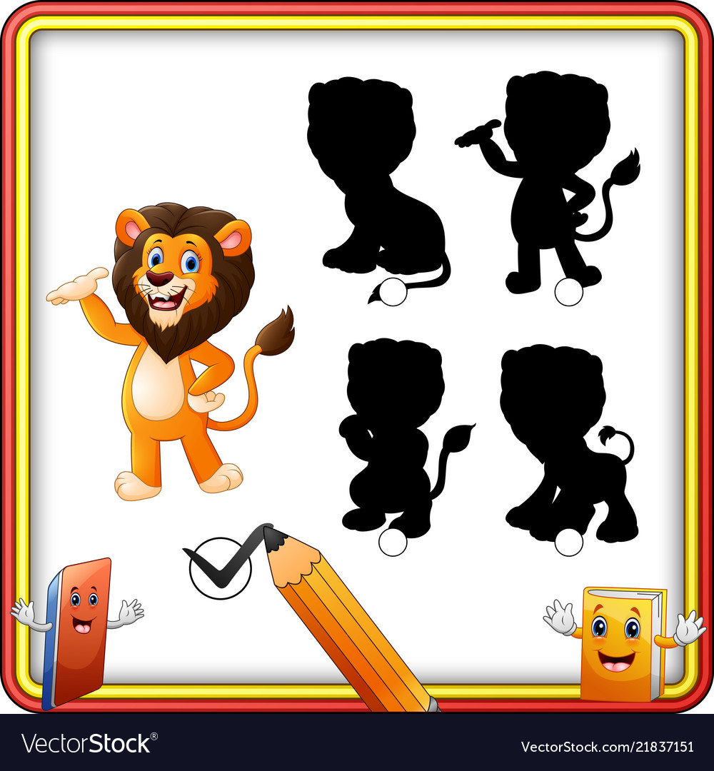 Find the correct shadow cartoon funny lion posing Vector Image