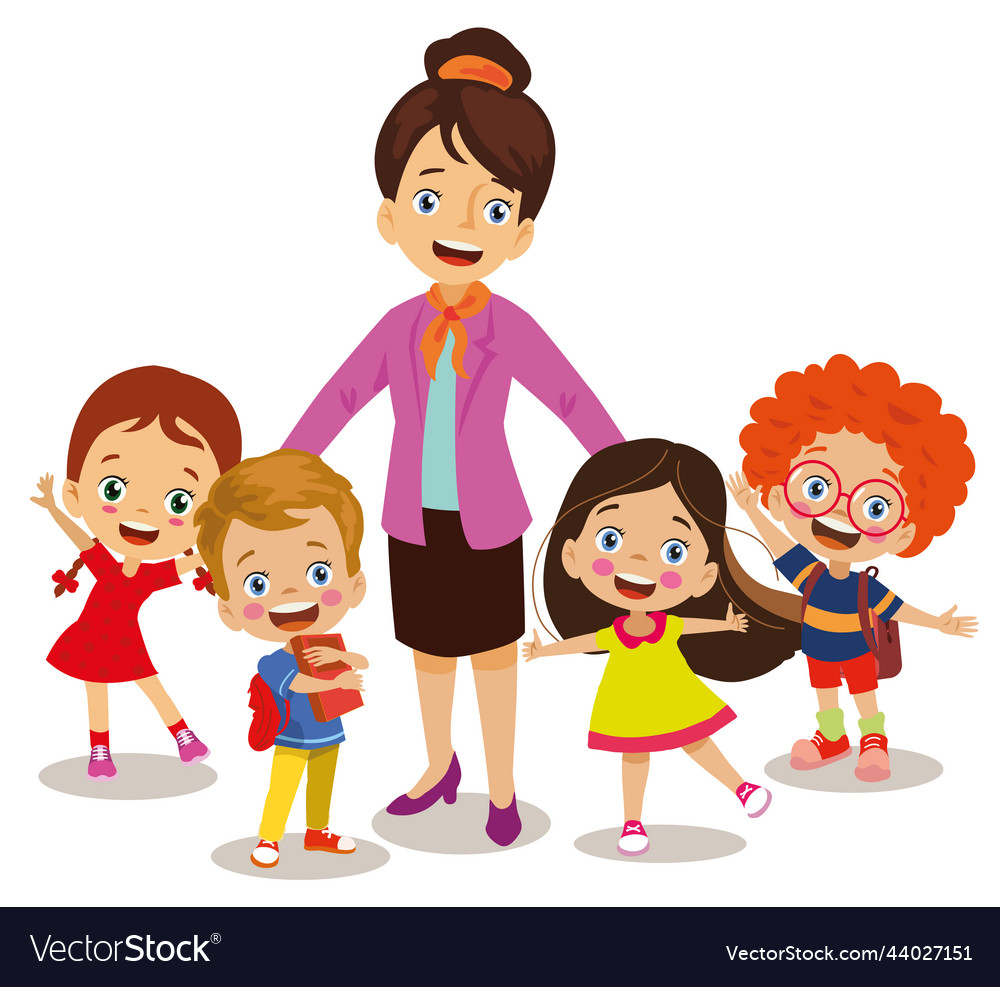 Happy teacher and students in classroom Royalty Free Vector