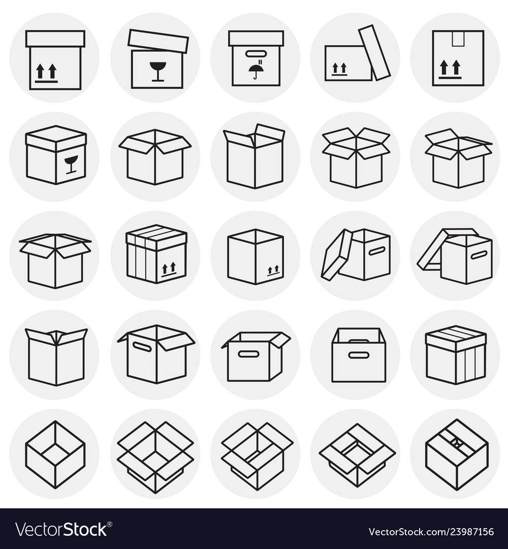 Box line icons set on circles background