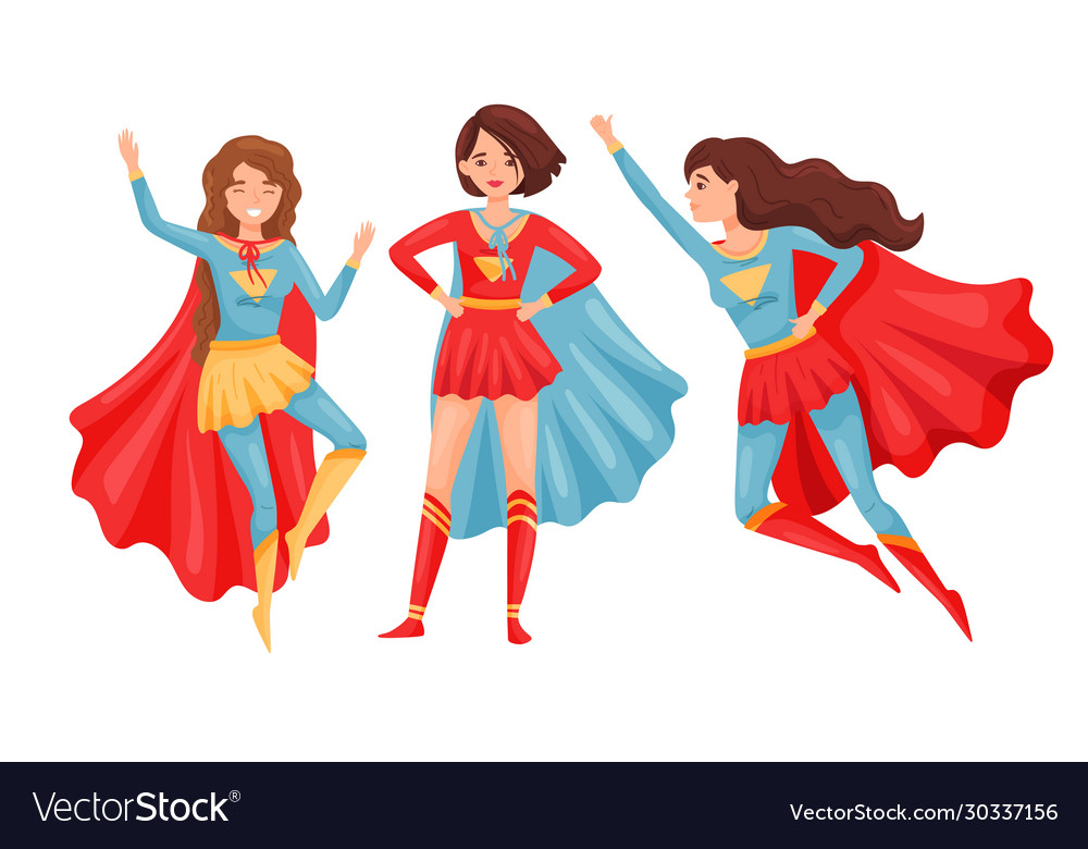 Women superheros wearing cloak and posing