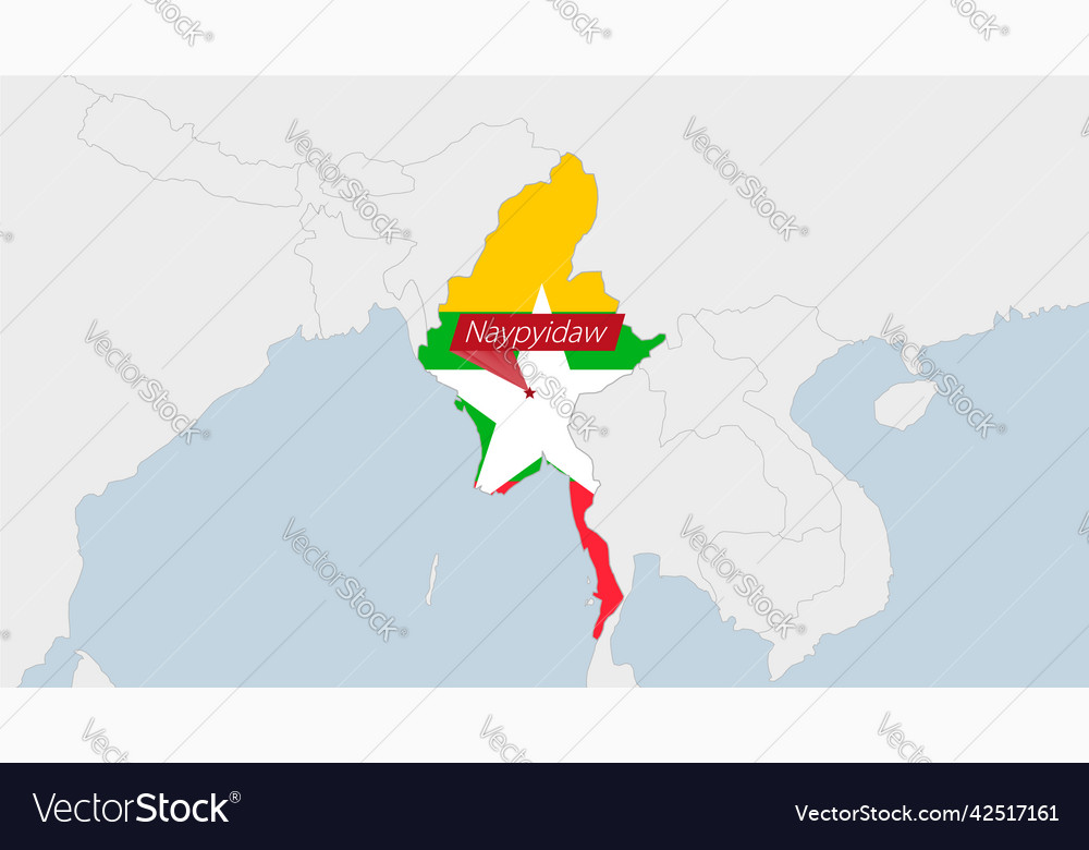 Myanmar map highlighted in flag colors