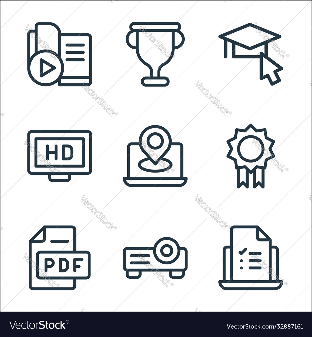 Online learning line icons linear set quality vector image Online learning line icons linear set quality