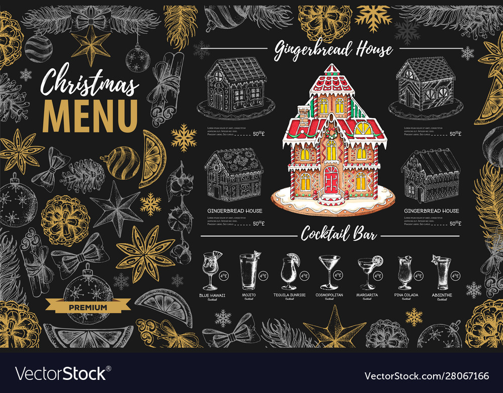 Christmas menu design with sweet gingerbread house